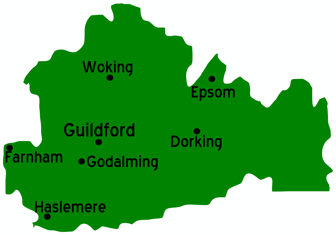 Map of Surrey showing major towns we work with